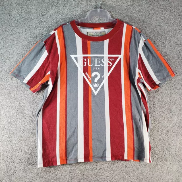 GUESS Shirt Mens Small Red Grey Vintage Short Sleeve Striped Crew Neck Cotton *