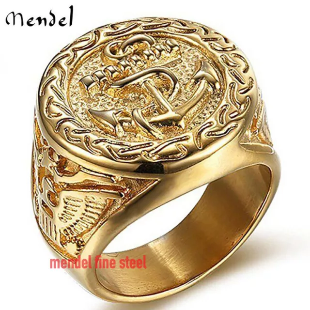 MENDEL Mens Gold Plated USN US Navy Nautical Anchor Ring For Men Size 7 8 9-15