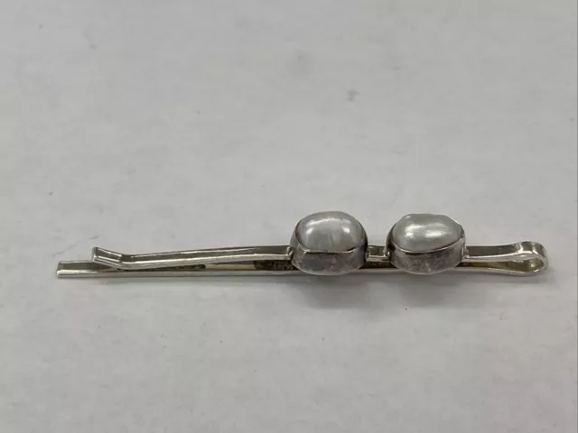 ❤️Vintage Two Pearl Sterling Silver Tie Clip Bar Clasp Mexico