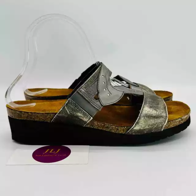 Naot Women's Kimberly Silver Leather Wedge Slide Comfort Sandals Size 39 EU/8 US