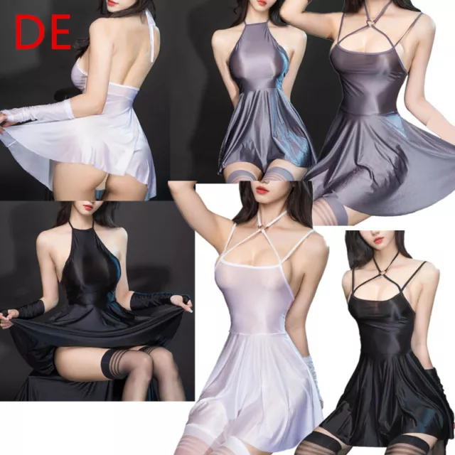 DE Damen Öl glänzend Transparent Minikleid Neckholder Babydoll Reizwäsche Kleid