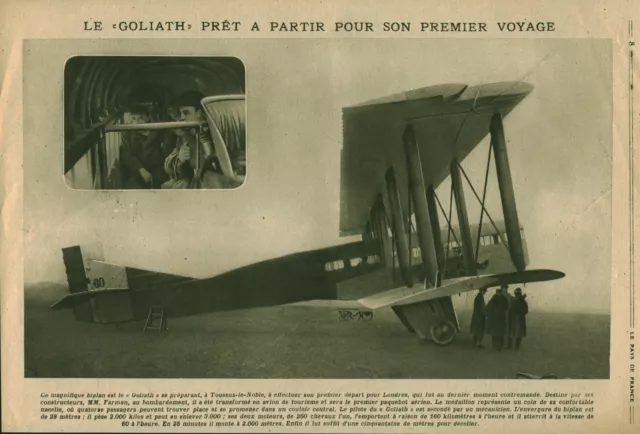 Document ancien  Le Biplan Goliath premier voyage 1919 issu de magazine