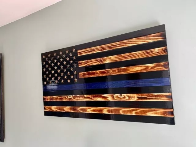 Thin Blue Line, police flag, rustic flag, American wooden flag, hand carved Gift