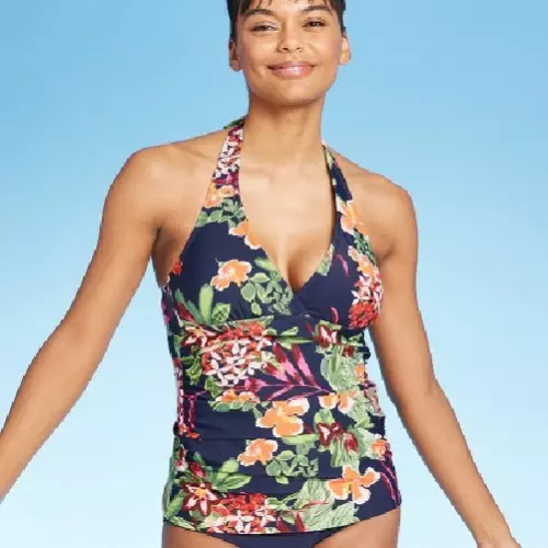 Women's S Small 4-6 Apron Open Back Tankini Halter Swim Top Kona Sol Floral New