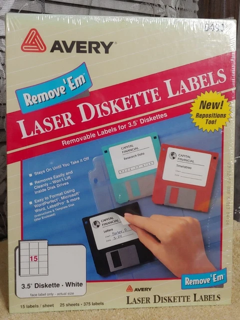 NEW SEALED Avery #6490 3 1/2" White Diskette Removable Labels 25 Sheets