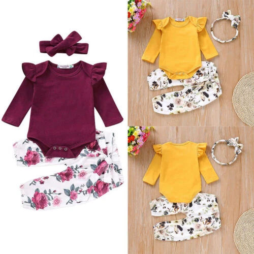 Newborn Baby Girl Clothes Ruffle Romper Jumpsuit Tops+Pants+ Headband Set Outfit