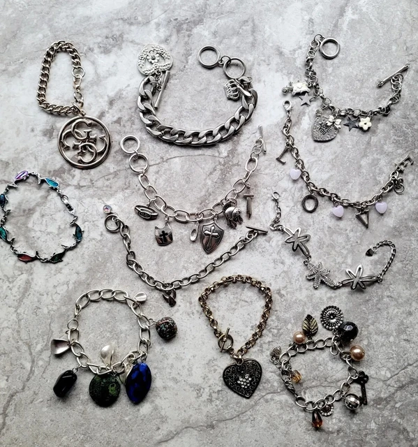 LOT Vtg Modern Costume Jewelry Mix Charm Bracelets Designer Guess & Rhinestone +
