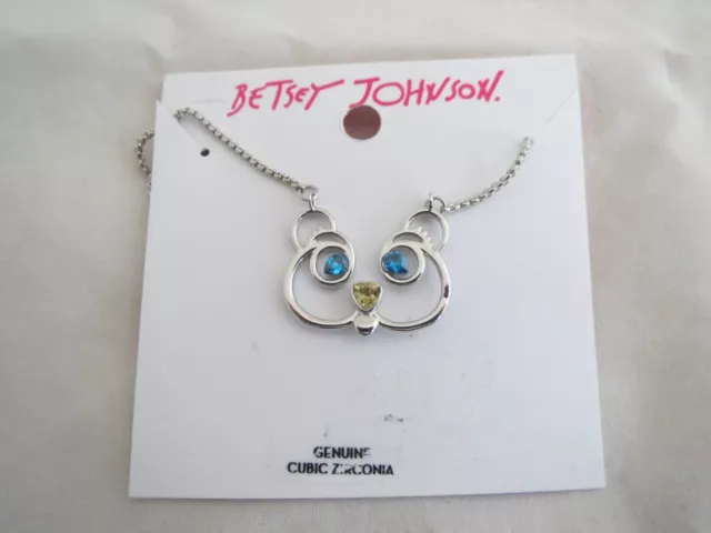 Betsey Johnson silver tone bear~blue and yellow crystal necklace, NWT