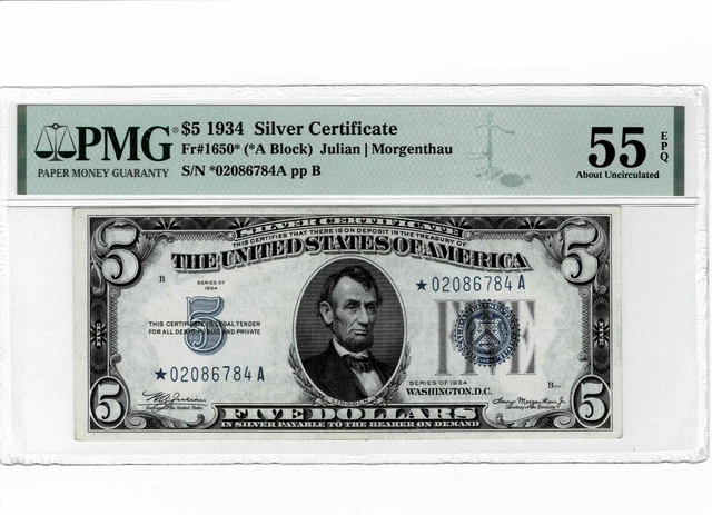 1934 $5 Silver Certificate*Star* Note - fr. 1650* -- PMG AU 55 EPQ