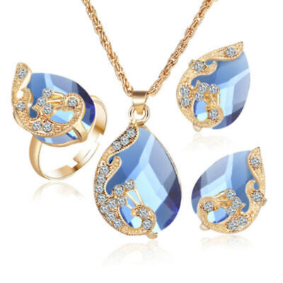 18K Gold Plated Crystal Peacock Necklace Earrings Rings Set Women Jewelry Gift