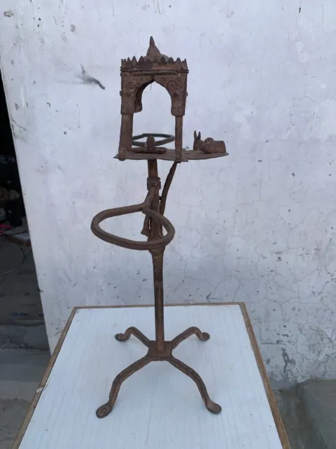 Antique Iron Hand Forged Lord Shiva Ling & Nandi Shrine Pot Diya Oil Lamp Stand