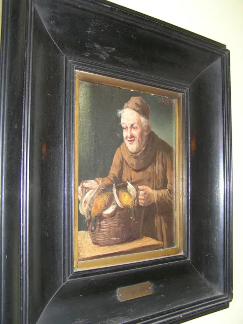 Monk with Wild Game 19th/20th century Oil painting. Signed L. Obrist