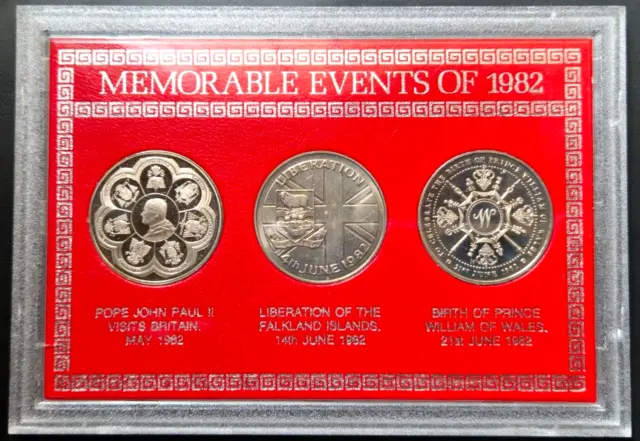 Events of 1982: (3) Crown Coin Set - Pope JPII, Falkland Islands, Prince William