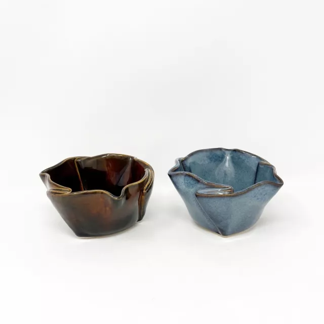 Pair Of Nancy Hilborn Pottery Nut Bowls Pinched Design Brown & Blue Canadian