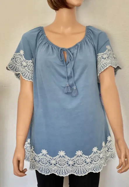 Adrianna Papell XL Tunic Blouse Embroidered Designer  Fashion Denim Blue White
