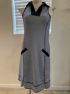jofit womens XSMALL black white striped collar active below knee dress VEUC