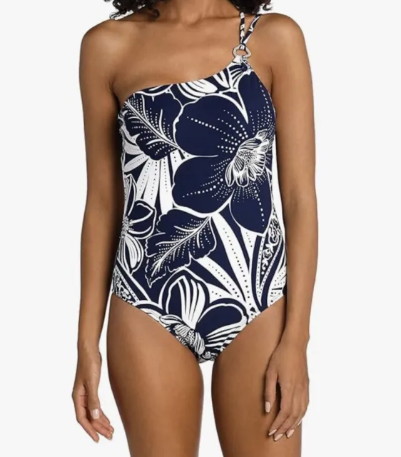 LA BLANCA Women’s One Piece Swimsuit Navy Blue Floral Tummy Control NWT Size 8