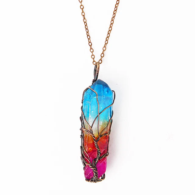 Clear Rainbow Crystal Tree Of Life Chakra Pendant Bronze Wire Wrap Necklace