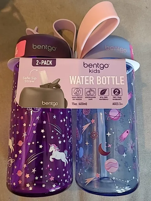 New Bentgo Kids Water Bottle 2-Pack  Leak-Proof Unicorn & Lavender Galaxy NWT