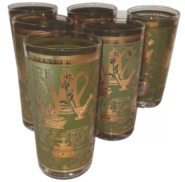 VTG Hazel Atlas Drink Glasses MCM Colonial Colony 22k Gold/Olive 12 Oz Set Of 6