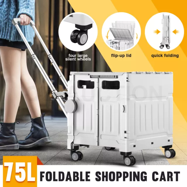 Foldable Shopping Cart Trolley Basket Grocery Storage Crate Rolling Wheel 75L
