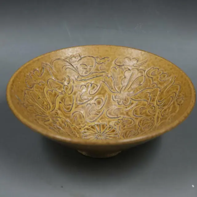 Chinese Song Jizhou Kiln Yellow Glaze Porcelain Carved Flowers Kid Bowl 5.63"