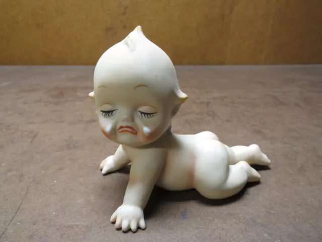 Vtg crawling Japan Crying Kewpie Doll Bisque Blue Wings Cherub figurine