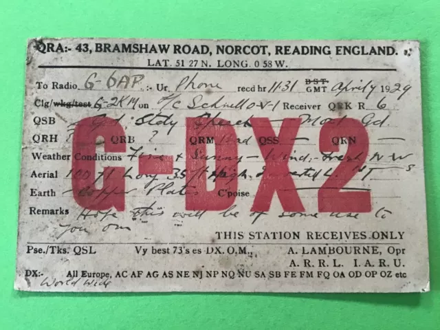 British QSL Radio Card 1929 G-DX2 Reading  R44319