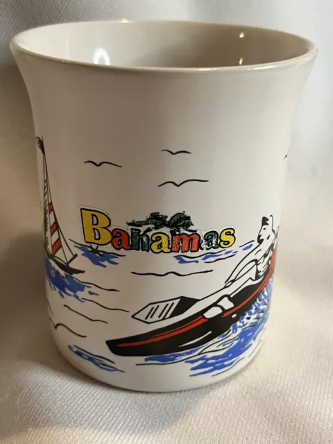 White Ceramic Souvenir Coffee Mug Bahamas Beach Surfing Kayak Sail Boat Tea Cup