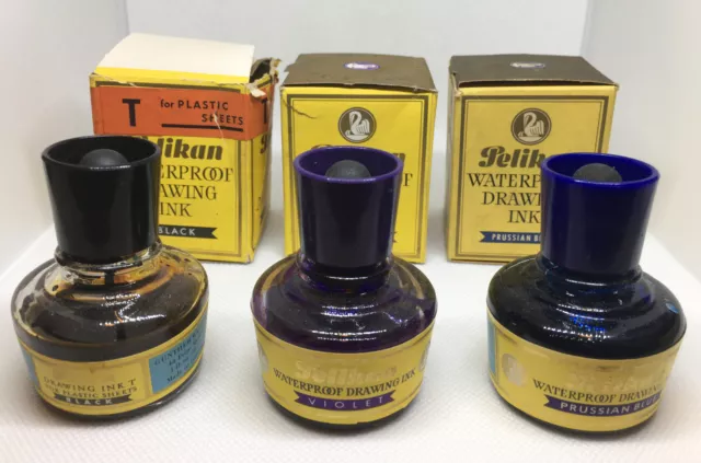 Vintage PELIKAN-Drawing Ink-BLACK, BLUE & VIOLET Waterproof in Bottle- Box