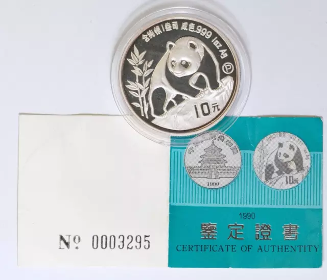 1990 10 Yuan 1oz Silver Proof China Panda 10 Yuan W/COA Capsuled