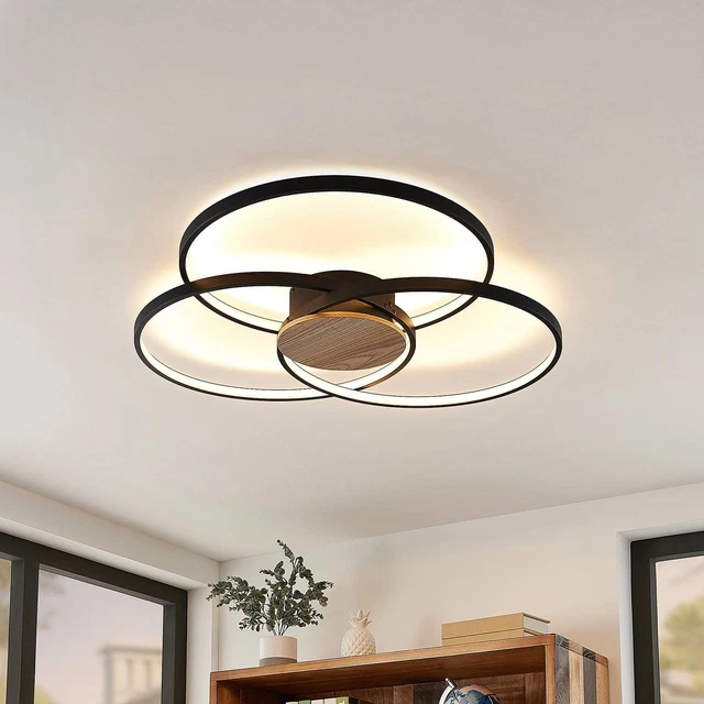 LED Deckenleuchte Riley Drei Kreise Alu Schwarz Holzoptik Lindby Dimmbar Küche