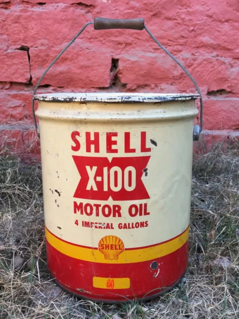 Vecchio Vintage Shell X-100 Olio Motore Latta Can 4 Galloni Automobile USA Raro