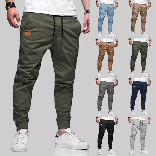 Mens Elasticated Waist Cargo Trousers Combat Work Pants Joggers Cuffed Pants