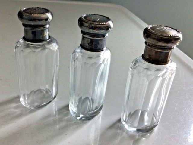 3 Antique Sterling Silver Faceted Crystal Dresser Vanity Jars, German Hallmark