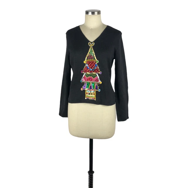 MICHAEL SIMON Black V-Neck Christmas Tree Sweater Beaded Glam Size Small Xmas