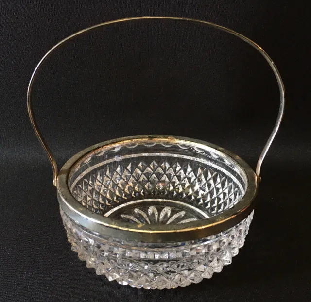 GLORIOUS BASKET “Clear & Silver” Lovely Glass Bonbon Dish Bowl with Metal Edge