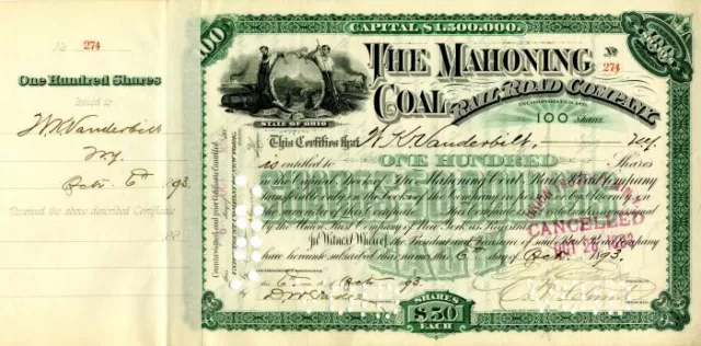 Mahoning Coal Rail Road Co. issued to W.K. Vanderbilt - Stock Certificate - Auto