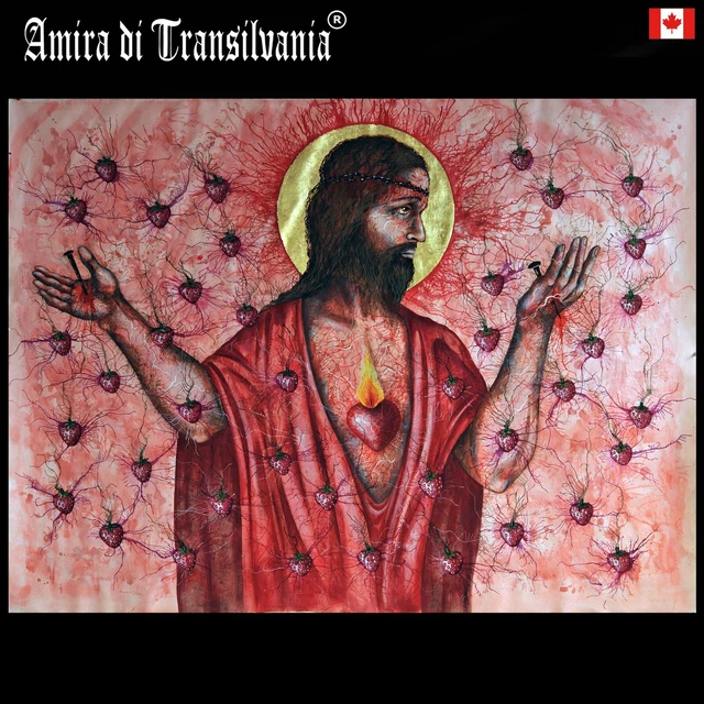 sacred religious art painting jesus christ modern icon heart flame strawberry by