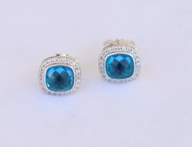 David Yurman Sterling Silver 7mm Albion Blue Topaz with Diamonds Stud Earrings 2