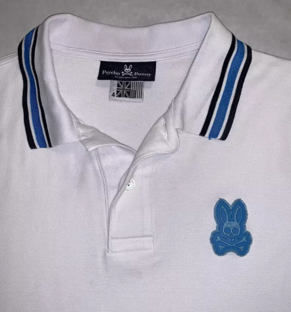 Psycho Bunny Polo Shirt Mens Size 4 White Blue Short Sleeve 100% Pima Cotton