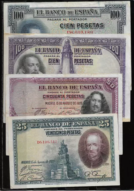 Lote De 4 Billetes. 2ª República. 1925 - 1928 Buena Conservación