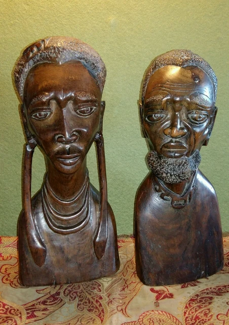 Sculpture Bois Africaine - Couple De Visages - ébène - Congo - Occasion