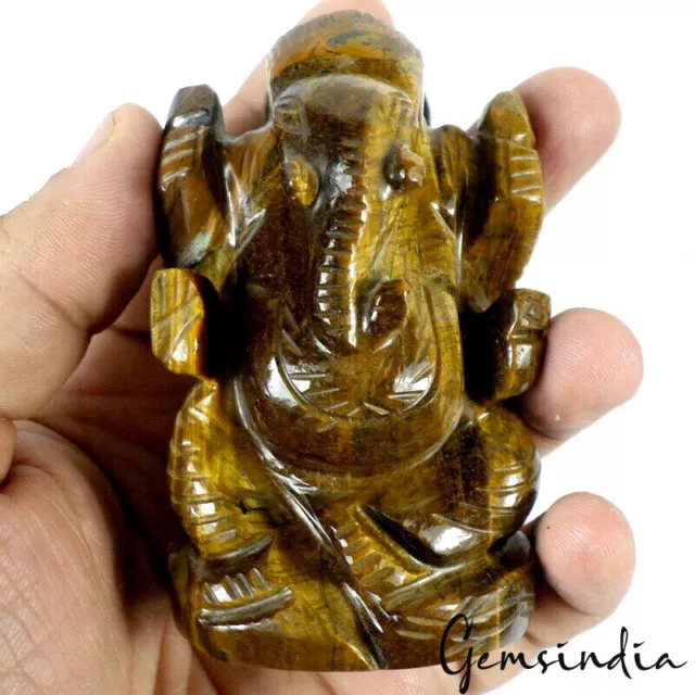 1190 Cts Untreated Tiger Eye Ganesha Statue Elephant God Handmade Stone Art Work