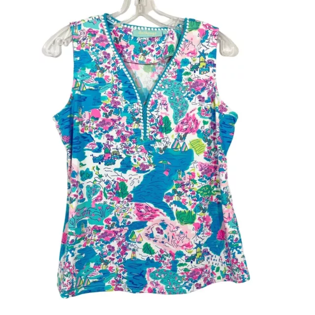 Anthony's Resort Wear Bright Blue & Pink Tropical Print Sleeveless Top - MEDIUM