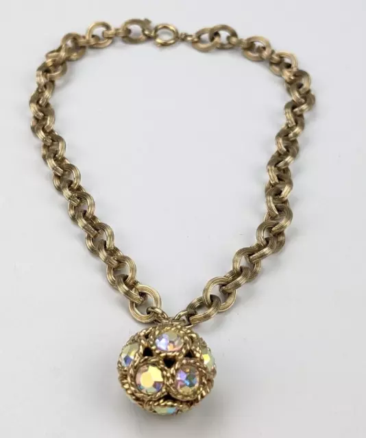 Vintage Sarah Coventry AB Rhinestone Hollow Ball Pendant Gold Tone Necklace 2