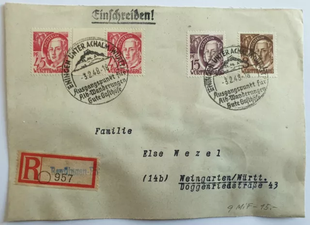 R -Ein. Brief Franz. Zone - 4 Marken mit Mi.Nr. 9MiF - Eningen - Weingarten 1948