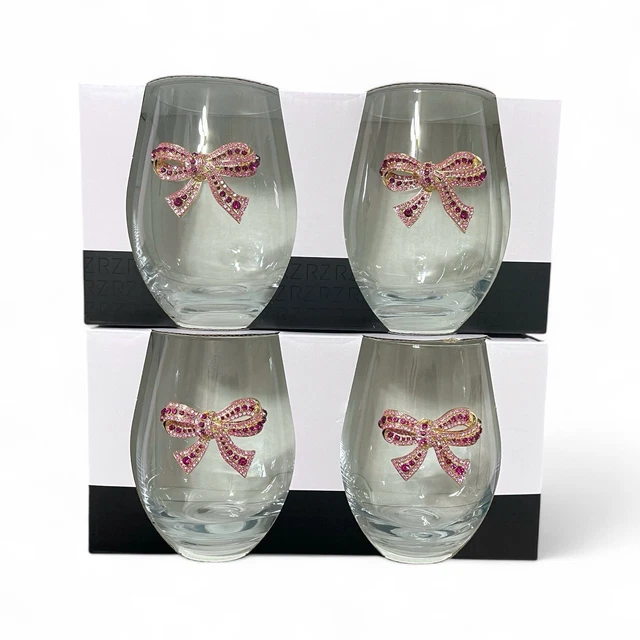 RACHEL ZOE 4PC Pink Bow Jeweled Rhinestone 19 Oz Stemless Wine Glass  Holiday $59.99 - PicClick