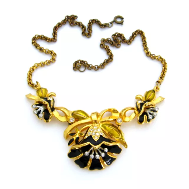 Vintage 1940s CORO Lotus Flower Black Enamel Rhinestone Costume Jewelry Necklace