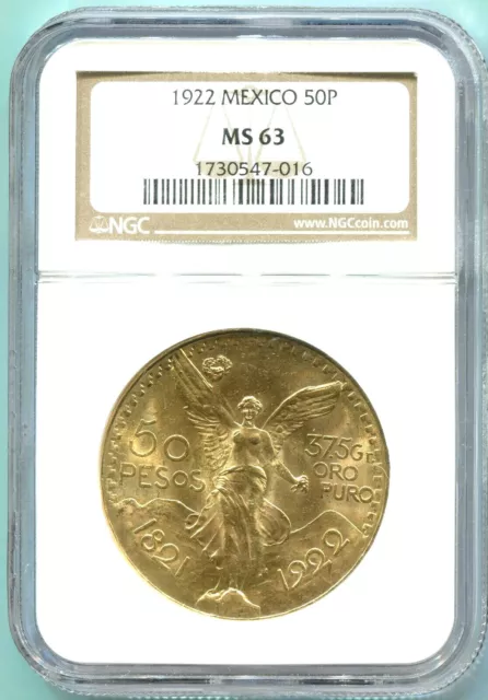 1922 MEXICO 50 PESOS 1.2 Oz. GOLD COIN NGC MS63 MS-63 SCARCE !